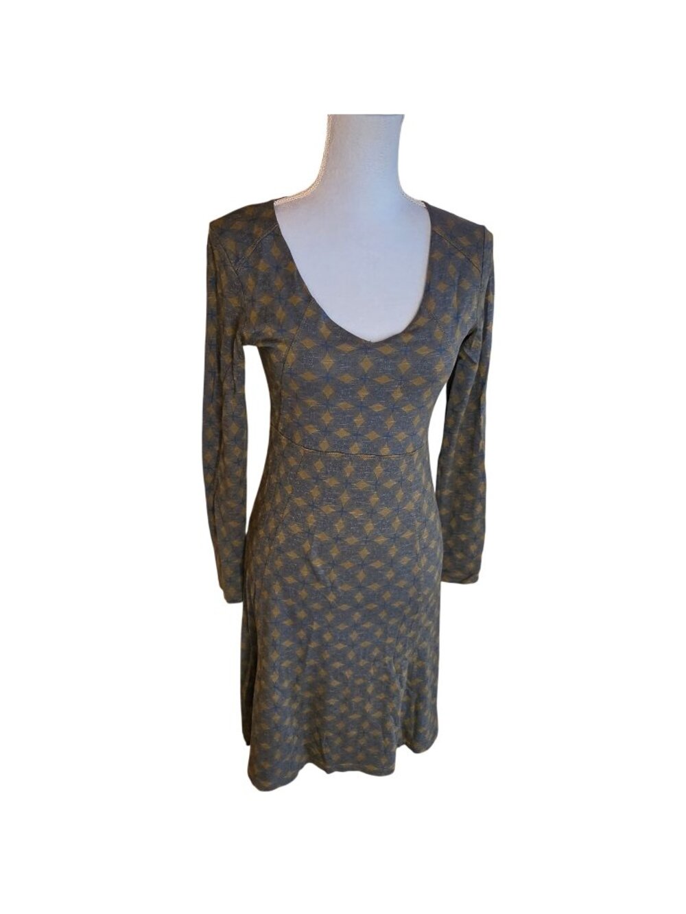 Horny Toad S Olive Diamond A-Line Long Sleeve V-Neck Cotton Dress Gorpcore